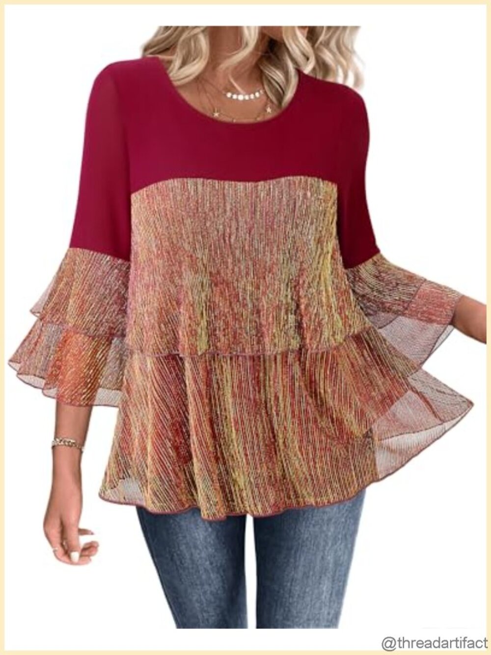 Sparkly Peplum Tunic Top 3/4 Ruffle Sleeve Elegant Evening Blouse